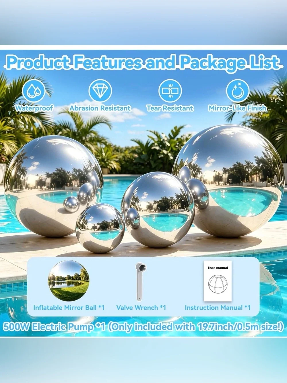 Inflatable Ball Silver, with 500W Electric Pump-1 Piece, 19.7in/0.5m